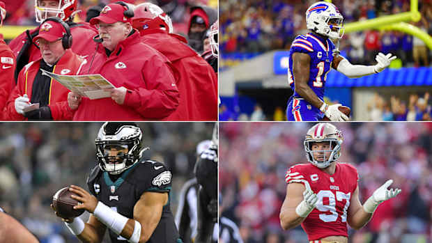 Separate photos of Andy Reid, Stefon Diggs, Nick Bosa and Jalen Hurts.